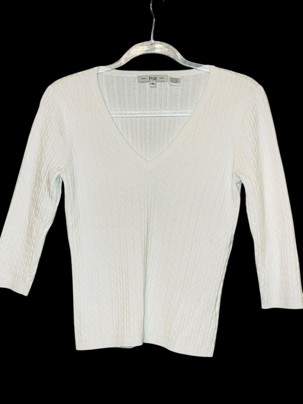 Pria Cableknit White V-neck Cotton Blend Sweater 3/4 Sleeve